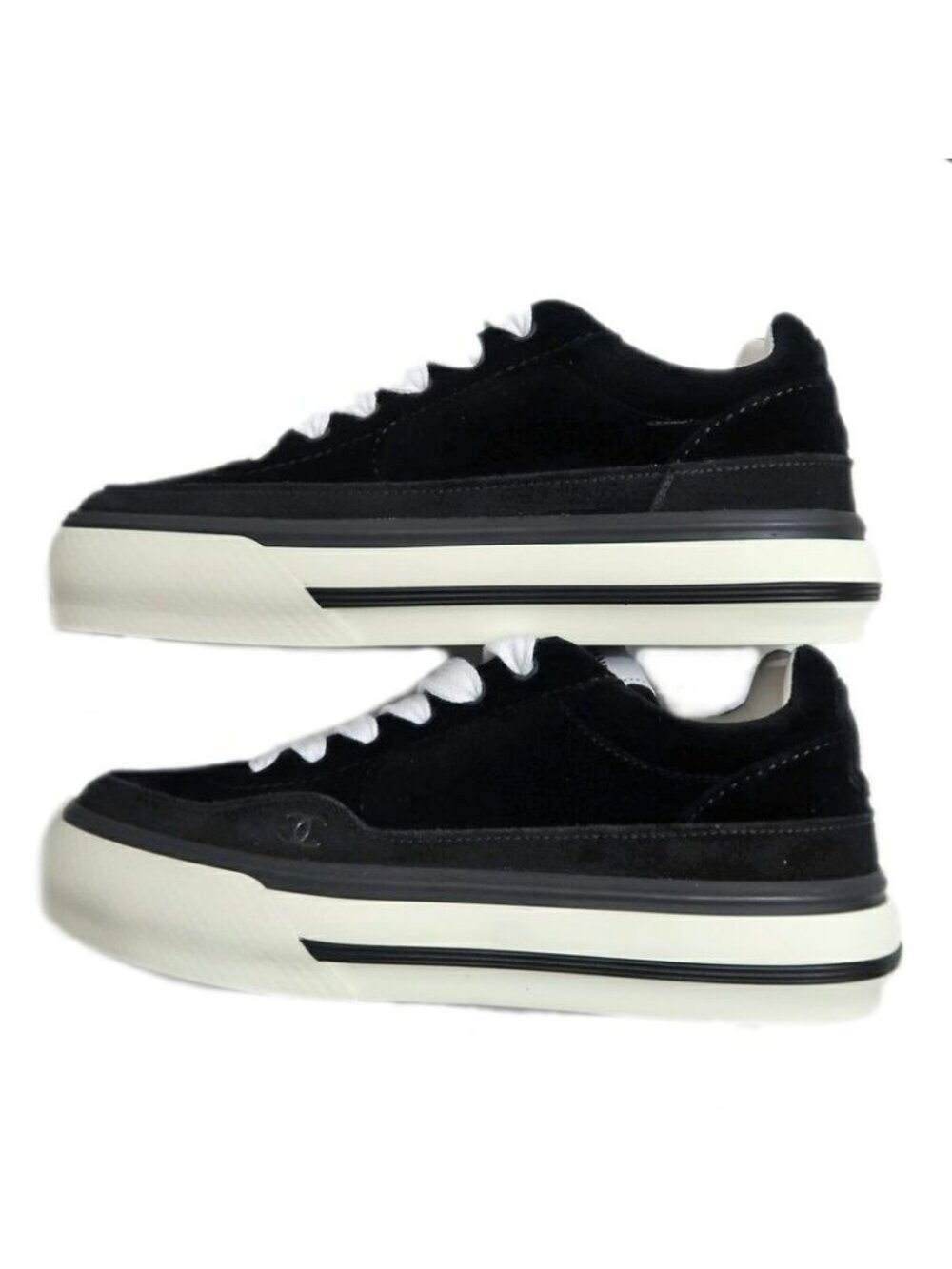 Chanel Suede Sneakers 38 Black Off White - Picture 4 of 10